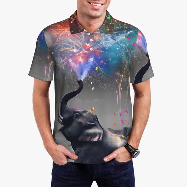 Balery Elephant Fireworks Celebration Camisa Polo de Hombre con Estampado, de Manga Corta y Tejido Medio, Camisa Tipo Golf Polo-4X-Large