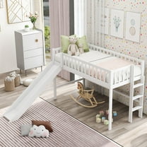 Twin Size Low Loft Bed with Slide and Built-in Ladder, House Loft Bed Frame with Full-Length Safety Guardrails for Kid Teens Bedroom, No Box Spring Needed, White