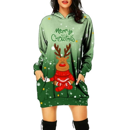 

jsaierl Sweatshirt Dress for Women Winter Long Sleeve Christmas Dresses Holiday Reindeer Print Hoodies Shirt Dress Casual Mini Dress Christmas Gift for Teen Girls