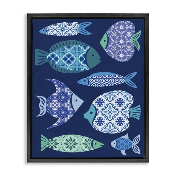 Stupell Industries Mediterranean Tiles Fish Animals Painting Black Floater Framed Canvas Art Print Wall Art, 17 x 21