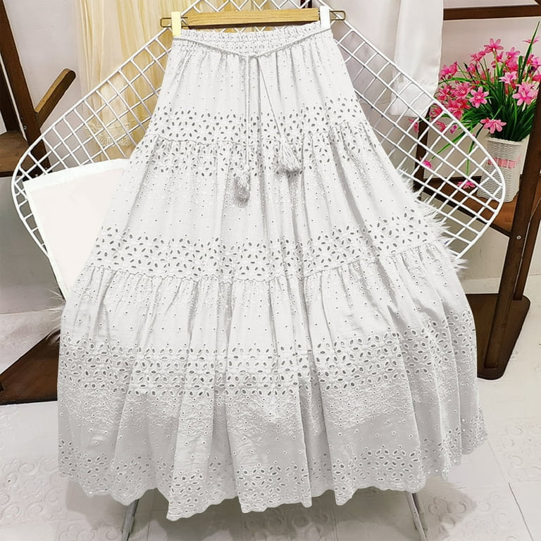 white beach skirt dress Women Maxi Skirt Boho Elastic High Waist Pleated A-line Flowy Ruffle Swing Tiered Long Beach Skirt