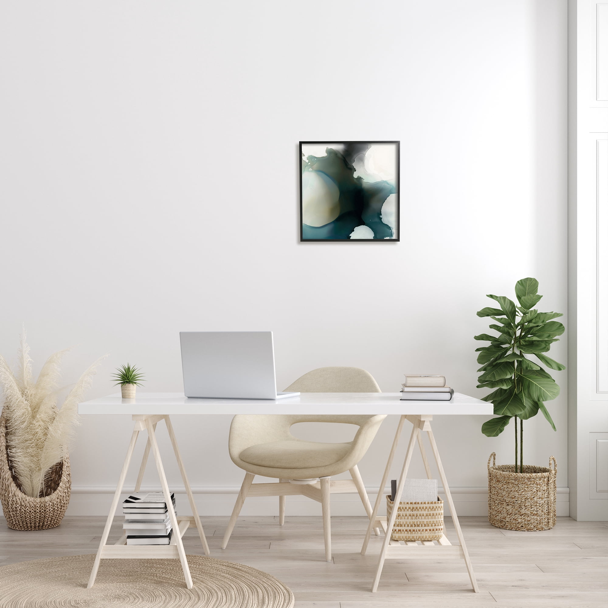 Ink Blot Abstraction Dark Grey Blue Distorted Shapes Abstract Framed Art Print Wall Art, 17x17