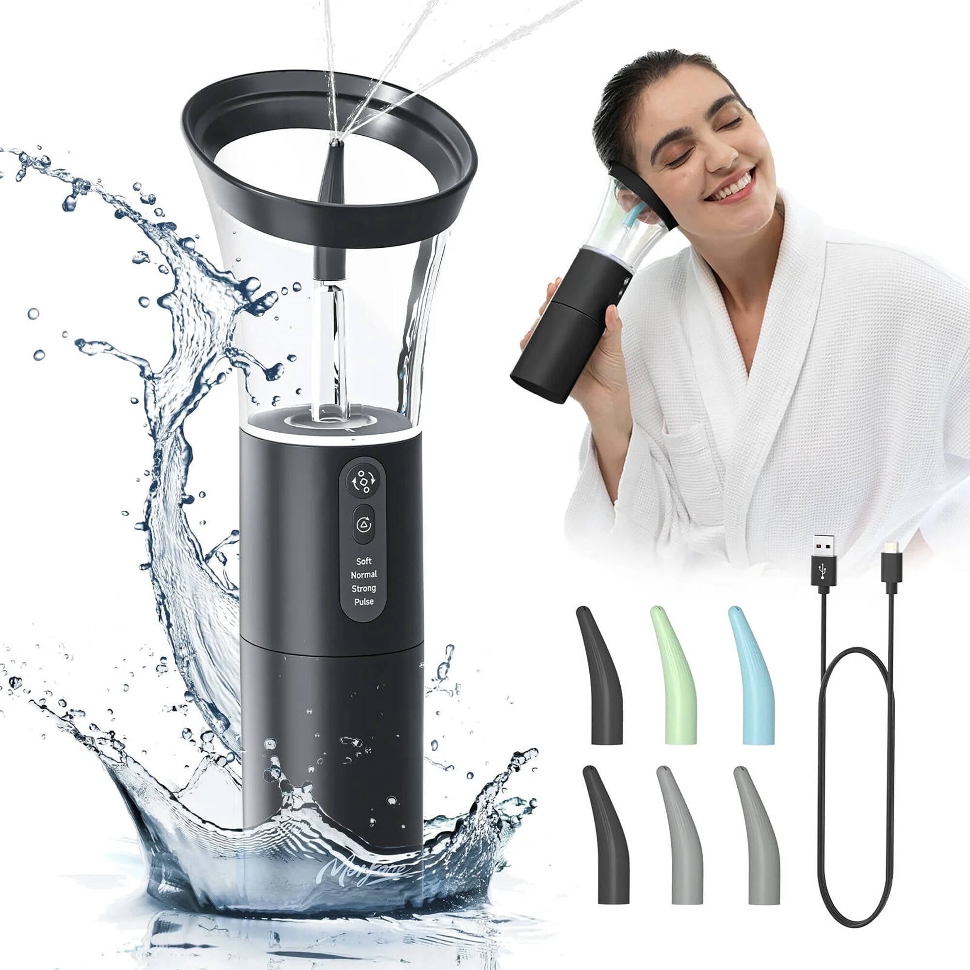 Morfone Ear Wax Removal with One-Piece Waste Tank, Ear Cleaner with Water Temperature Sensor, 4 Pressure Settings, Ear Cleaning Kit for Ear Wax Buildup & USB-C Cable, IPX6, Black