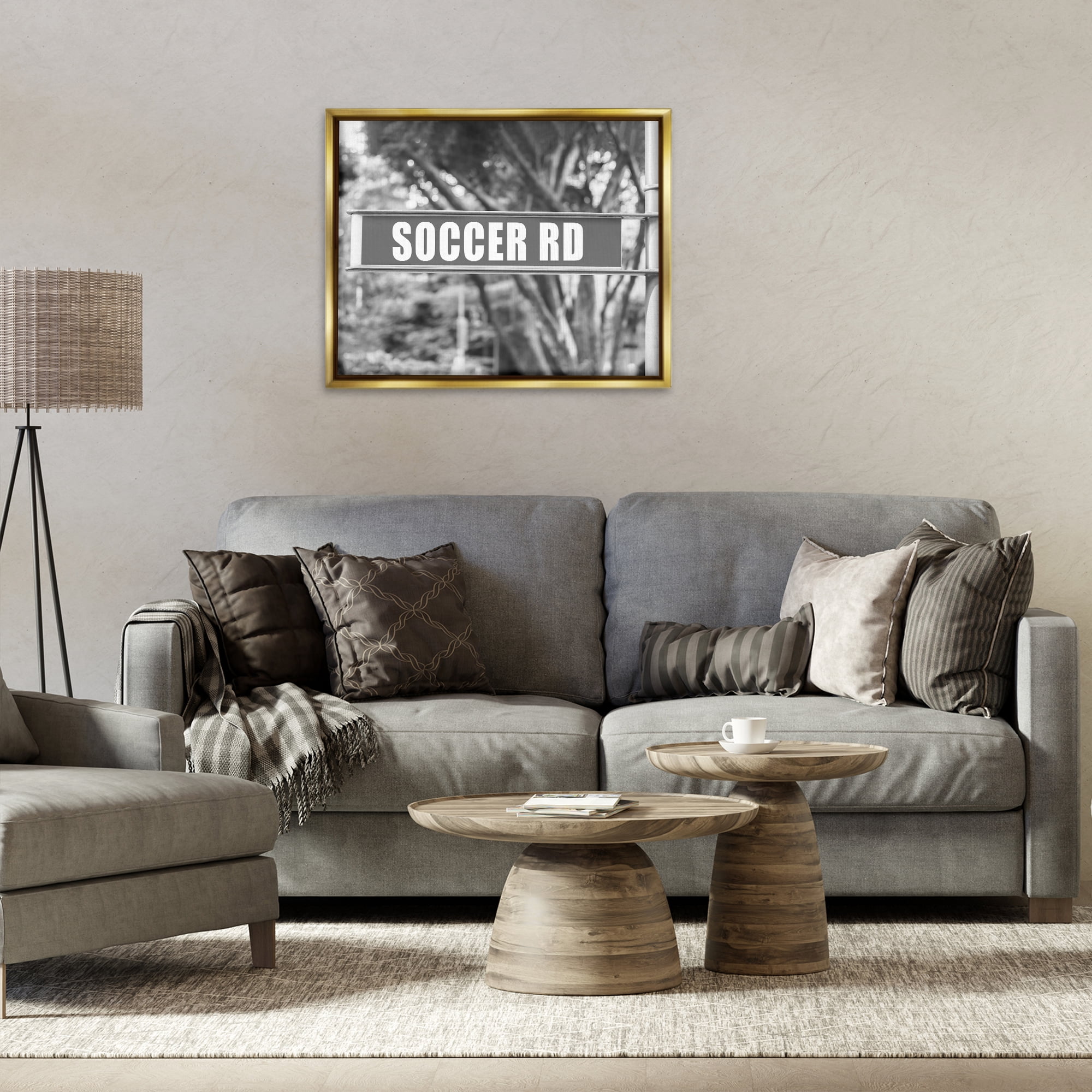 Stupell Industries Soccer Road Sign Sports Photography Gold Floater Framed Canvas Art Print Wall Art, 31 x 25