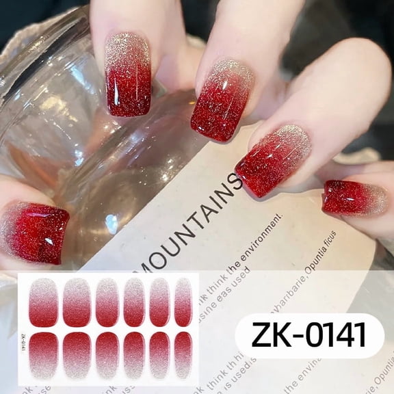 Buy 2 Get 1 Free Semi Cured Gel Nail Strips, Red Glitter Ombre Nail Wraps, Long Lasting Nail Stickers for DIY Manicure, Salon-Quality Nail Art Decals for Women