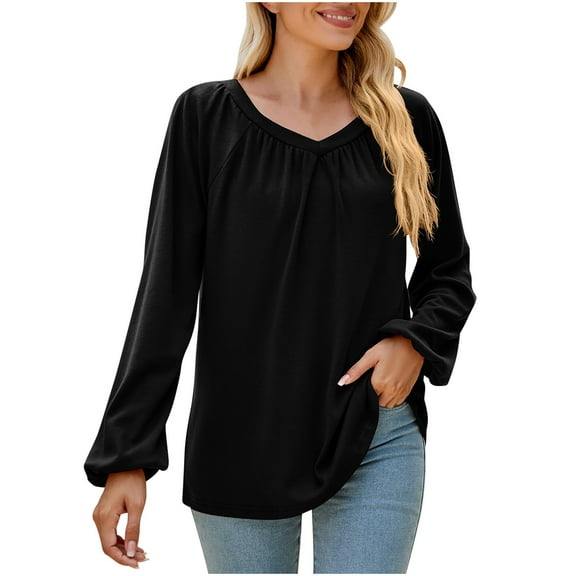 Oalirro Black Womens Long Sleeve Tops Dressy Casual Fall V Neck Solid Womens Dressy Casual Tops