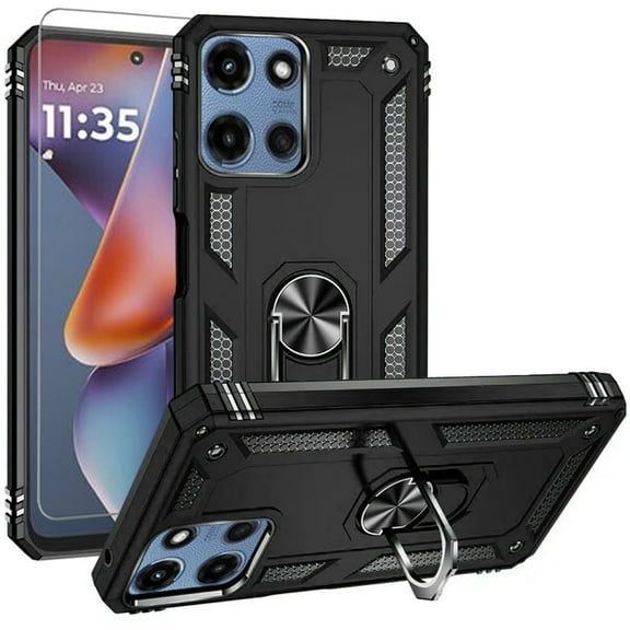 TJS for Motorola Moto G 5G 2025 / Moto G 2026 / Moto G Play 2026 Phone Case, with Tempered Glass Screen Protector, Impact Resistant Metal Ring Magnetic Support Kickstand Drop Protector Cover (Black)
