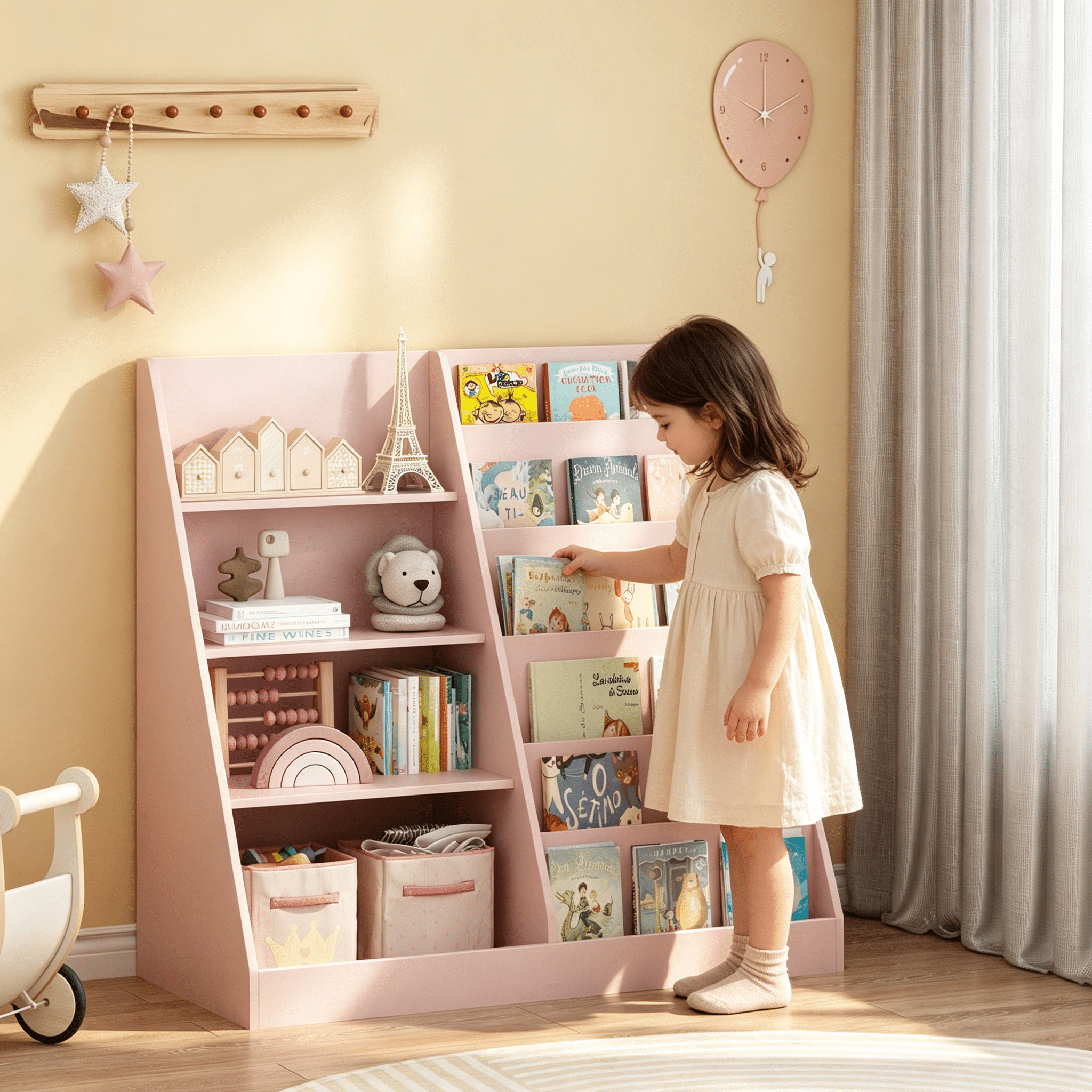 Kids Bookshelf and Toy Storage Organizer, Multifunctional 4 Tier Wooden Kids Book Shelf with Bookcase Display Stand in Kids Room Playroom Nursery for Kids, Children, Toddlers (Pink)