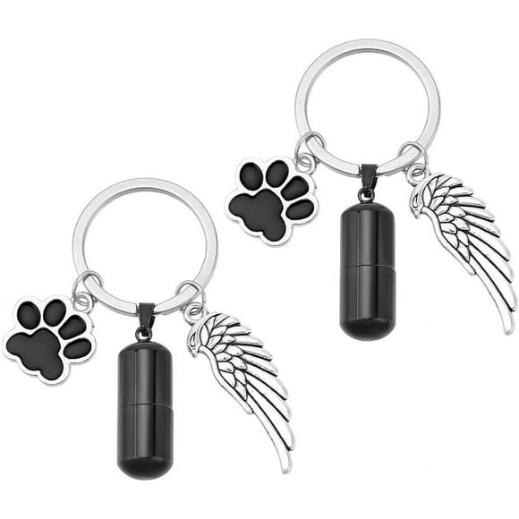 2 Pcs Porte-Clés Urne Commémorative pour Animaux Ailes de Patte de Chien Cendres Porte-Clés Commémoratif pour Crémation Souvenir Cendres d'Animaux Noir