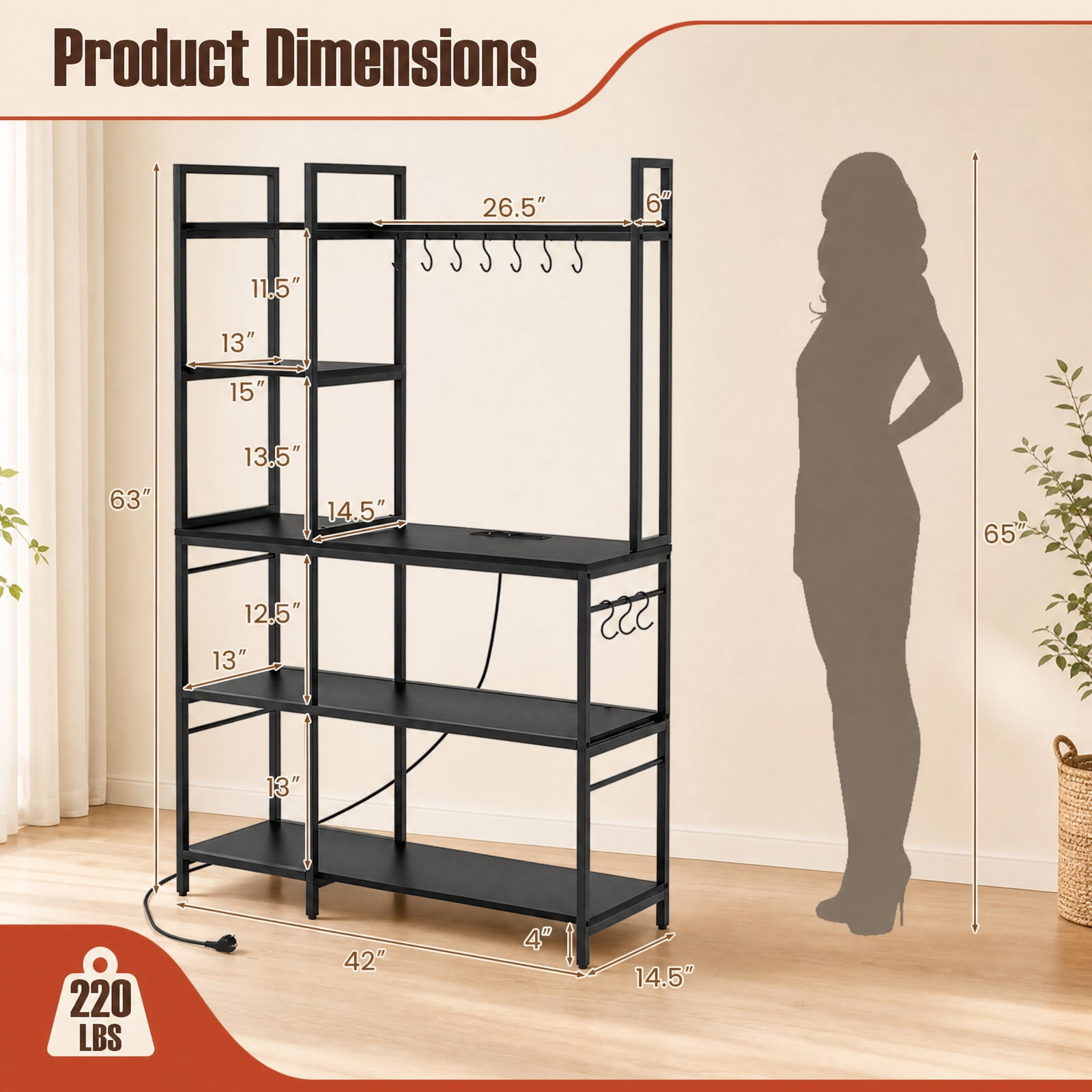 RUIE 5-Tier Baker's Rack with Power Outlets and 10 S-Hooks, Kitchen Storage Stand with Charging Station and Side Hanging Bars, Coffee Bar Shelf, Black