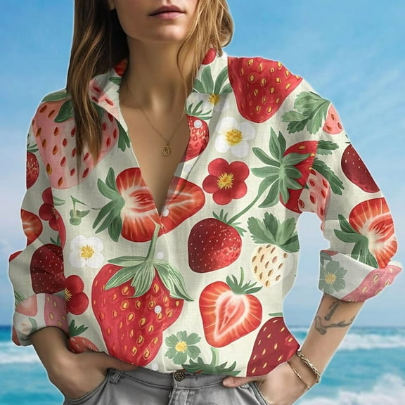 Strawberry Blouse Shirt, Cute Fruit Shirt For Women,Summer Vacation Berry Blouse,Strawberry Lovers Shirt,Womens Button Down Shirts