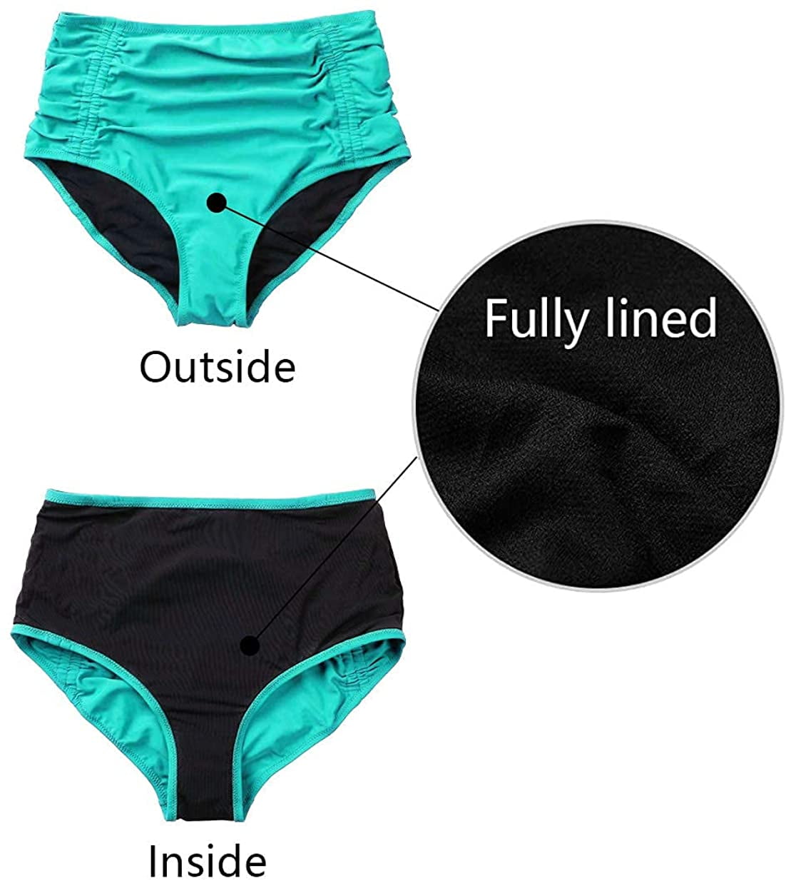 Womens High Waisted Bikini Bottom Ruched Side Swimsuits Bottoms Solid  Tankini Briefs 