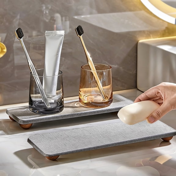 1-Piece Diatom Mud Drying Tray, 30x10x2.3cm Absorbent Stone Mat with Wooden Legs for Bathroom Sink & Kitchen Countertop, Prevents Water Stains