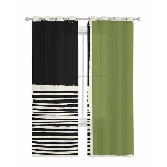 Sage Green Black Sheer Curtains 84 Inch Length 2 Panels Set for Living Room/Bedroom, Farmhouse Striped Modern Abstract Art Kitchen Curtains Grommet Semi-Sheer Curtains Window Treatments 42"x84"x2