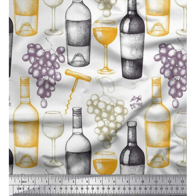 Pomme Coton Voile de Raisin, Verre de Vin & Bouteille Tissu Imprimé par Yard 56 Pouces de Large