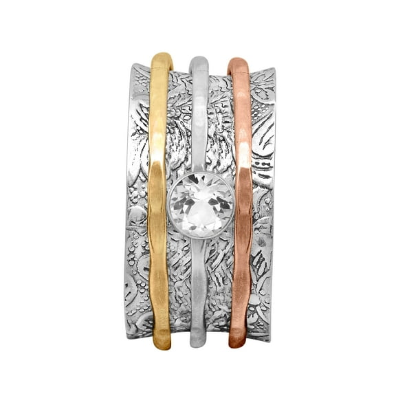 5MM Round White Topaz 925 Silver Dual Tone Meditation Anxiety Women Spinner Ring