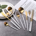 thumbnail image 2 of 4pcs Gold Plastic Silverware, White and Gold Plastic Cutlery, Gold Plastic Forks and Spoons, Gold Plastic Flatware Include 1Forks, 1Spoons, 1 Knives ,, 2 of 3