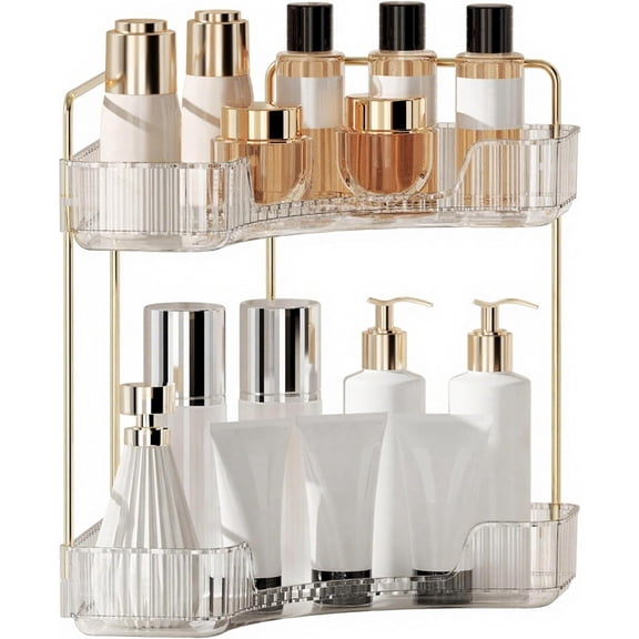 Corner Bathroom Counter Organizer 2 Tier, Makeup & Skincare Storage Rack for Vanity, Cosmetic Perfume Organizer Shelf for Bathroom Kitchen Countertop, Clear White Space Saving Tray