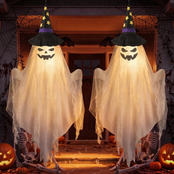 Scidweet Halloween Decorations Outdoor, 2 Pcs Hanging Halloween Lighted Glowing Ghost Witch Hat for Indoor Garden Yard Party Home Decor