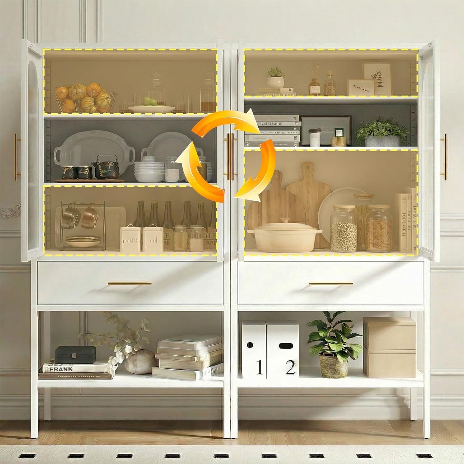 63" Tall Metal Storage Cabinet with Glass Doors, Kitchen Pantry Cabinet with Drawers & Adjustable Shelves, Freestanding Metal Cabinet for Kitchen, Dining Room and Home Organization White