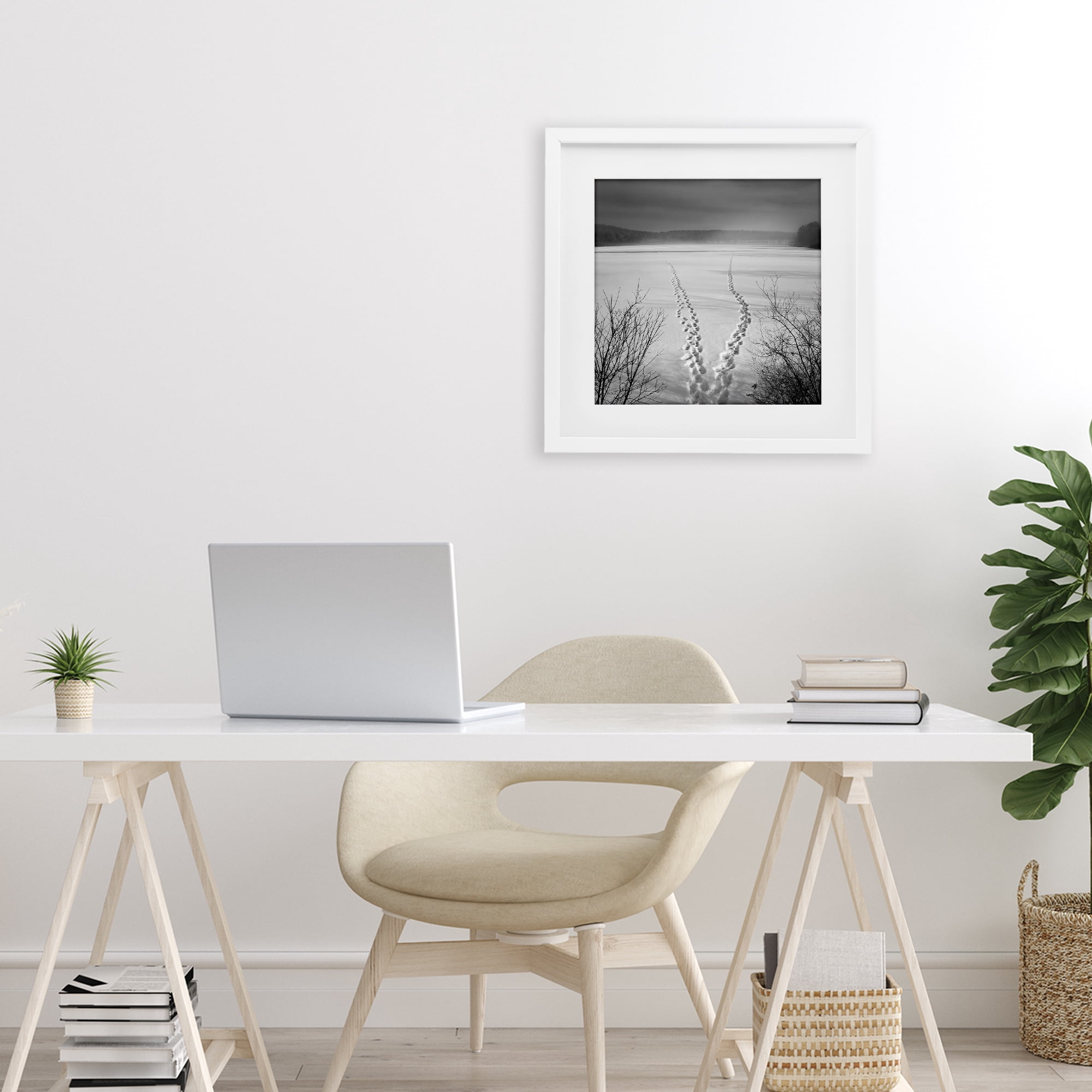 Stupell Industries Snowstep Tracks Across Frozen Lakes White Framed Print Under Glass, design by Chip Forelli