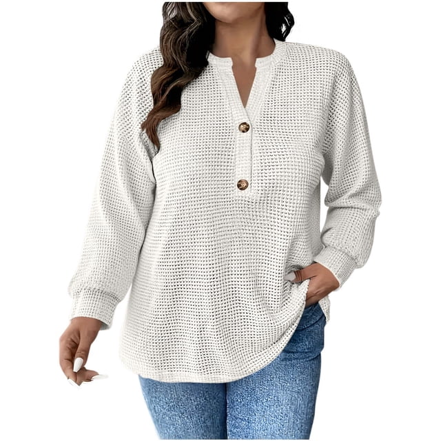 Mujeres Manga Larga Tops Casual Botón de Color Sólido Cuello en V Suéter Blusa de Moda para Primavera Verano