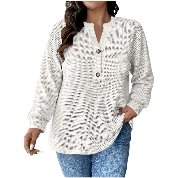Mujeres Manga Larga Tops Casual Botón de Color Sólido Cuello en V Suéter Blusa de Moda para Primavera Verano