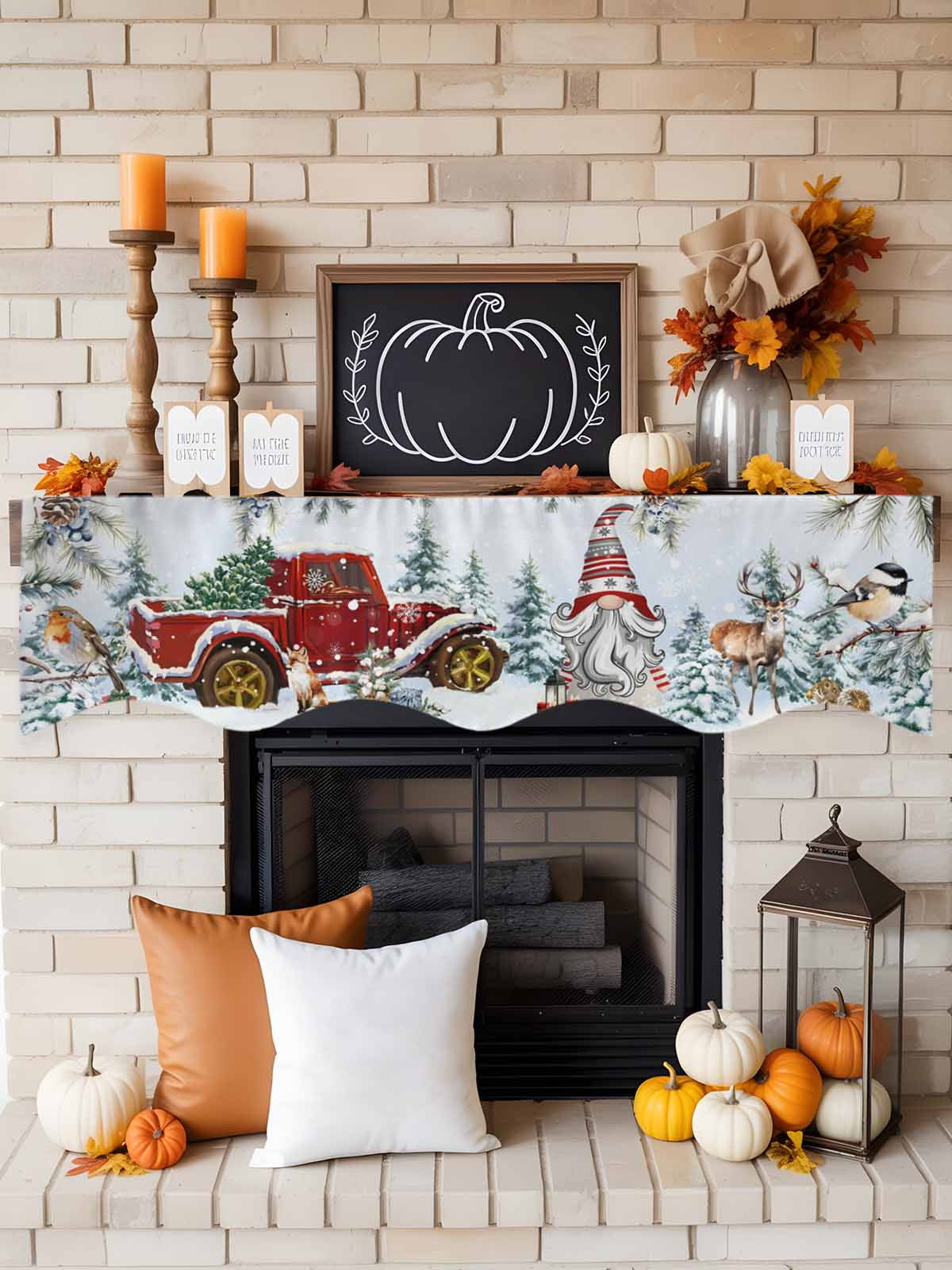 Christmas Fireplace Mantle Scarf Xmas Gnome Truck Pine Tree Leaf Animals Blue Snow Mantel Cover Runner Fireplace Cloth for Holiday Party Home Living Room Decor 70 x 17 Inch
