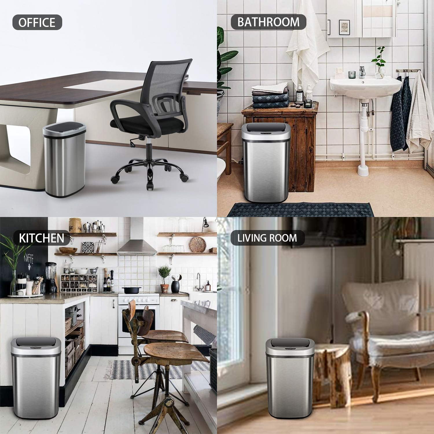 13 Gallon Trash Can Automatic Kitchen Garbage Can with Lid Touchless Sensor Waste Bin Slim No Touch Stainless Steel Trash Can for Home, Living Room, Bedroom, Office, 50 Liter- Silver