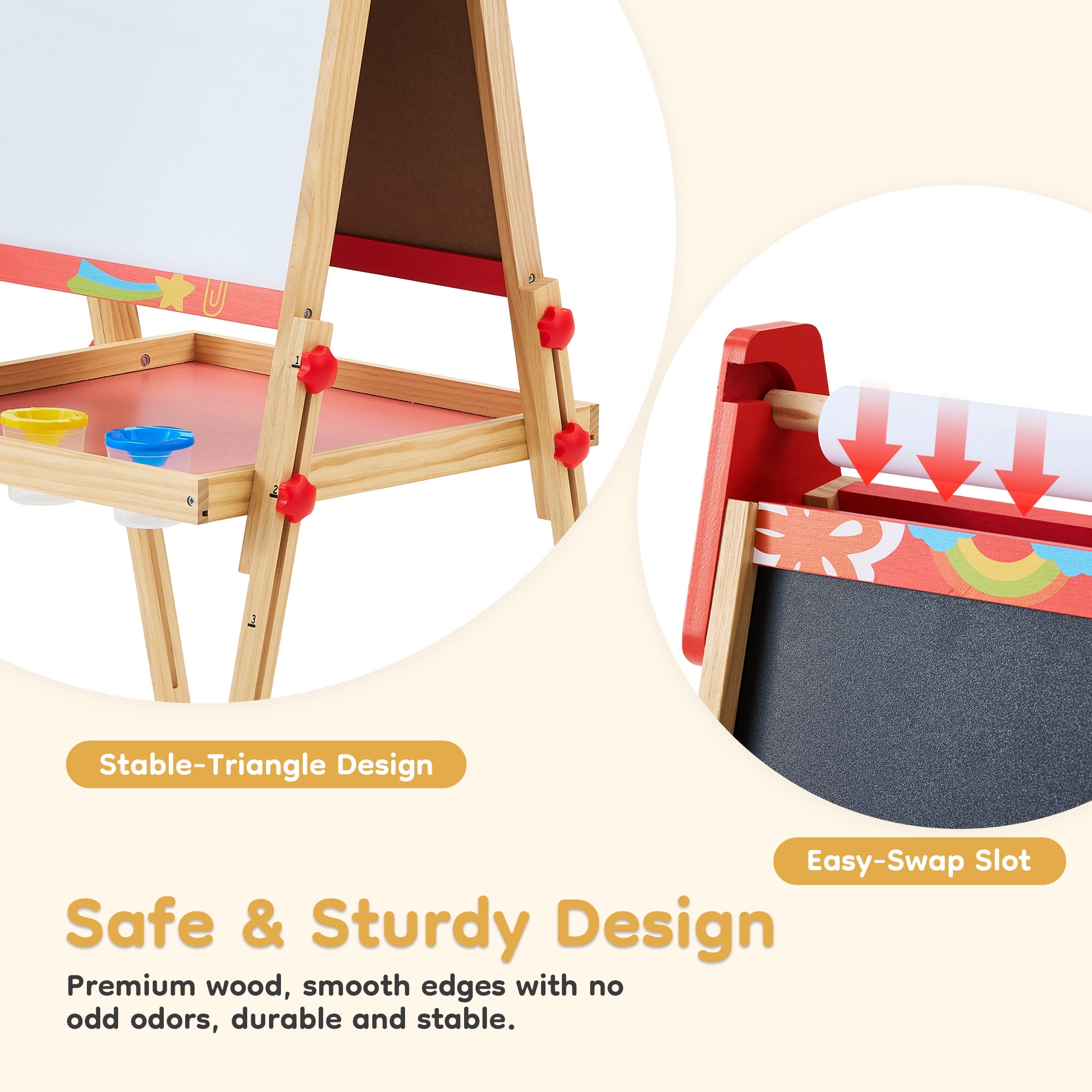 CONCETTA Kids Easel, Double-Sided Magnet Whiteboard & Chalkboard with Paper Roll, Storage Shelf & Accessories, Red