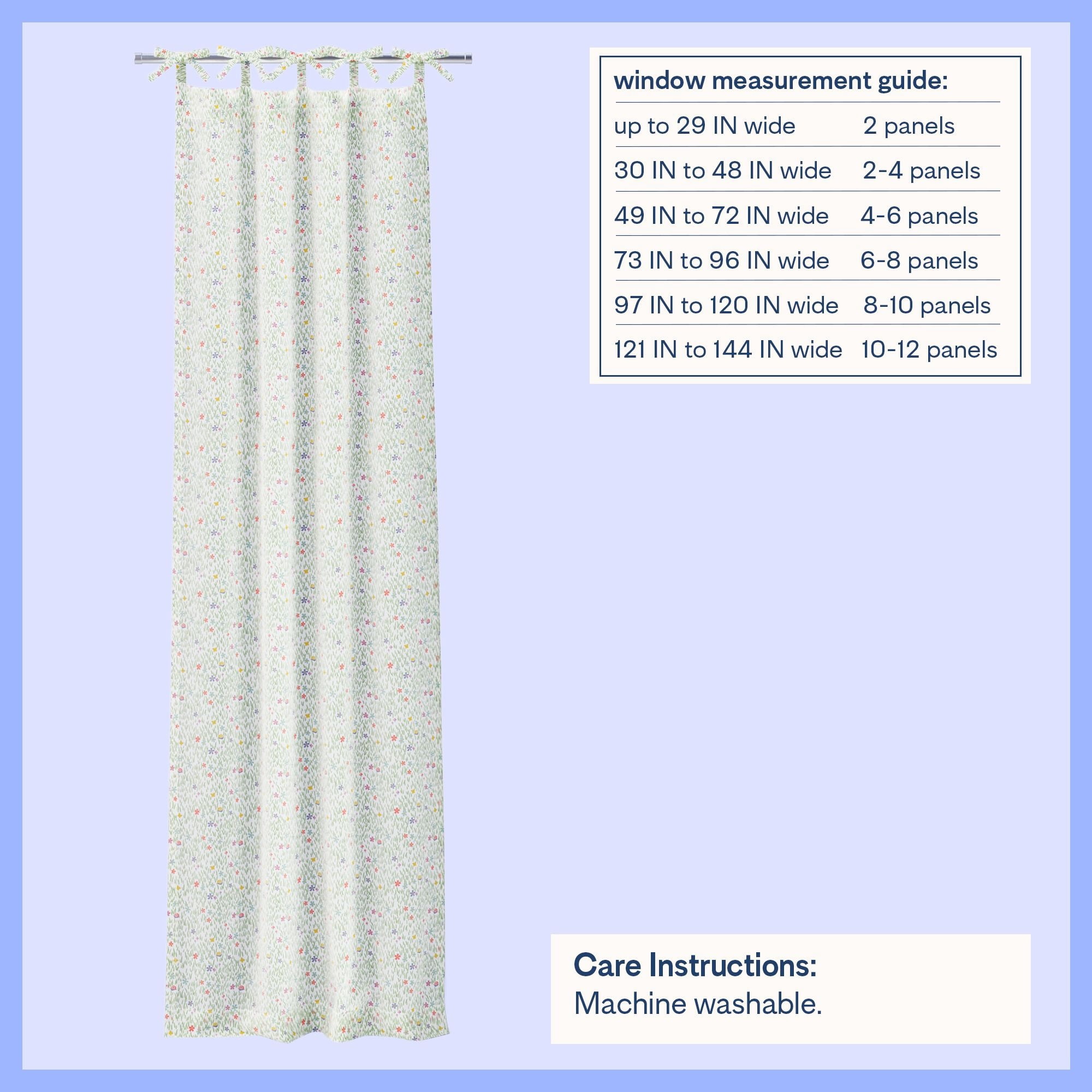 Mainstays Kids Meadow Print Light Filtering Tie Top Single Curtain Panel, 38 in W x 95 in L