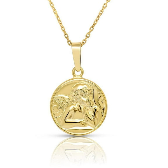 14K GOLD PLATED STERLING SILVER ROUND GUARDIAN ANGEL MEDAL PENDANT NECKLACE