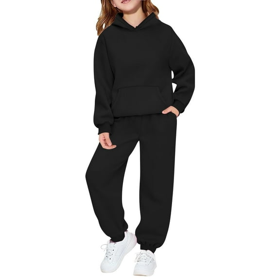 Girl's Casual Solid Color Pullover Long Sleeved Hooded Sweatshirts And Pants Two-piece Outfits Set