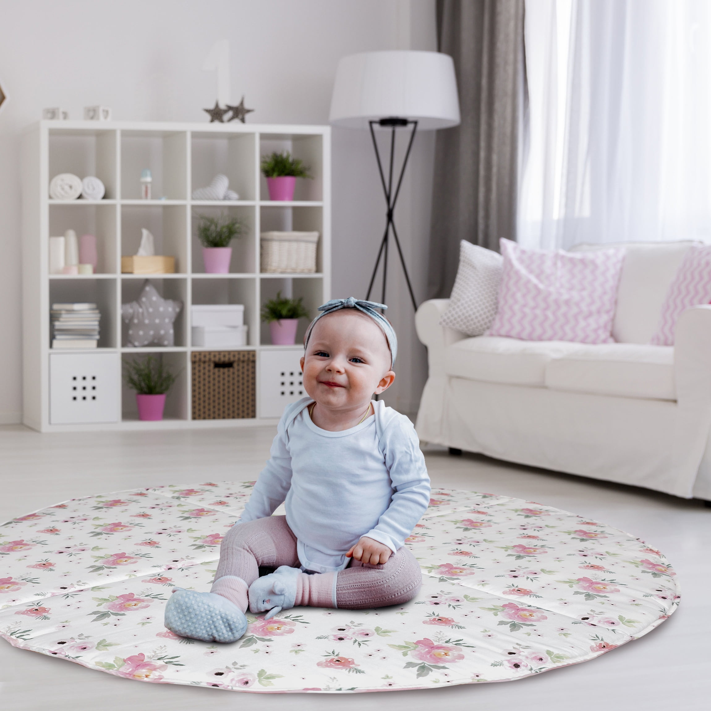 Baby Play Mat Tummy Time Activity Mats for Infants Round Playmat - Pink Plaid Floral Collection (Sweet Blush Roses/Pink Plaid)…