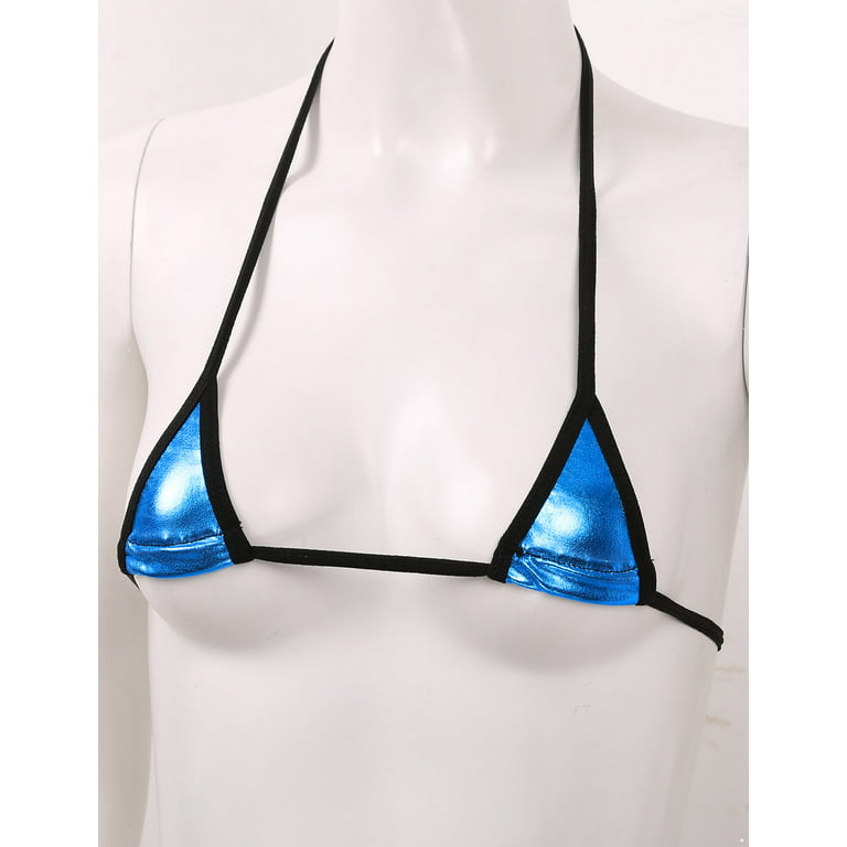 YIZYIF Womens Mini Bikinis Set Shiny Metallic Bra Top with G-String Thong  Exotic Lingerie Micro Swimsuit Lake Blue One Size 