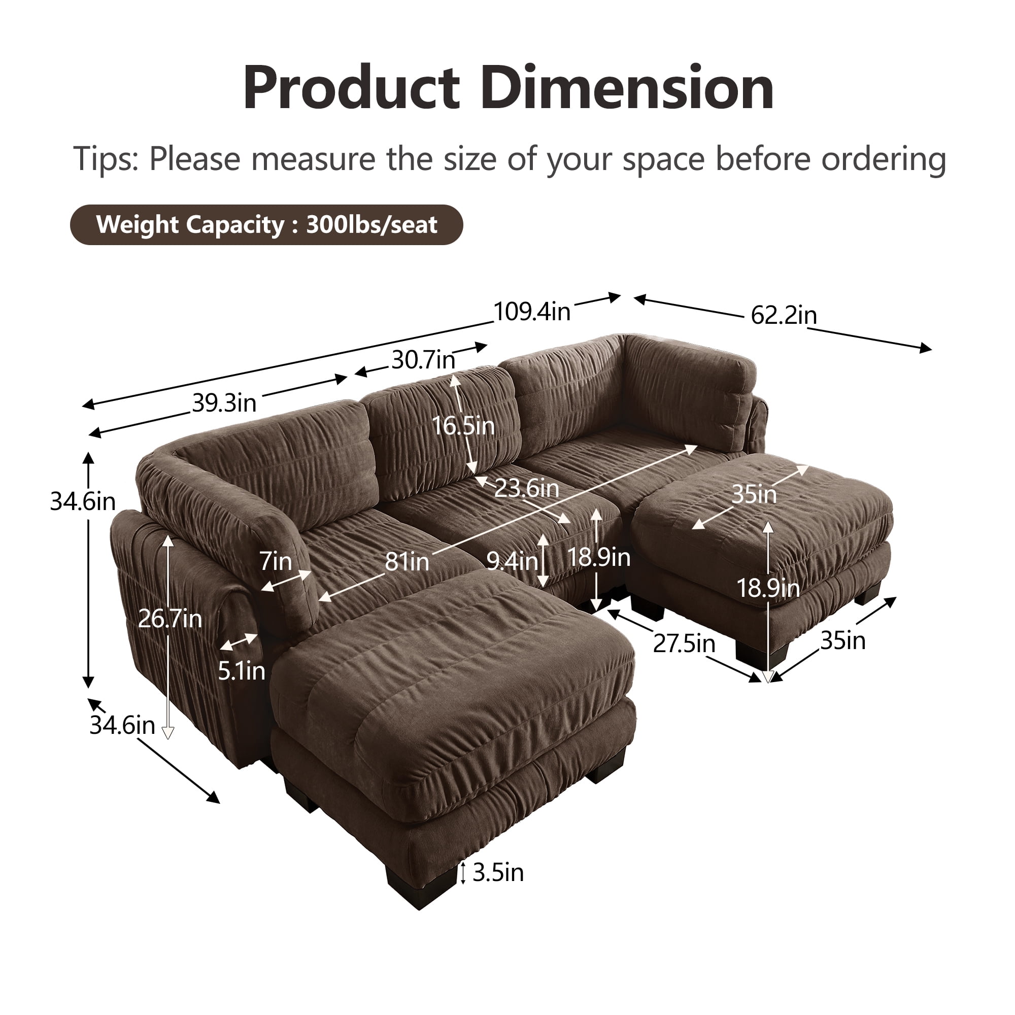 109" U Shape 3 Seat Chenille Modular Sectional Sofa with 2 Movable Ottomans and L Shape Back Cushions
