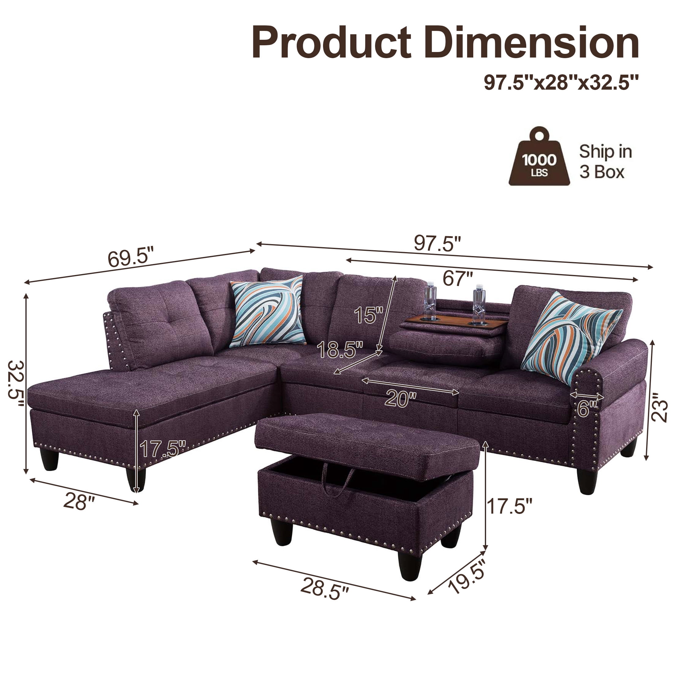 AENKYO 98" L-Shaped Sectional Sofa with Reversible Chaise, Storage Ottoman & Cup Holders, Linen, Purple