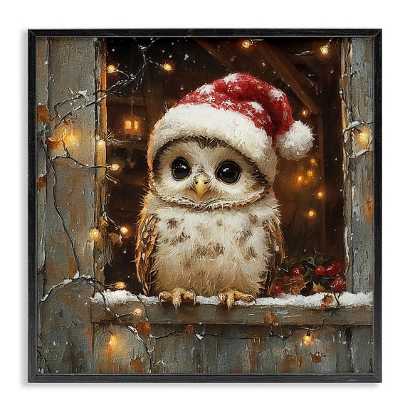 Stupell Industries Farmhouse Festive Owl with Holiday Lights Black Framed Giclee Art, 12 x 12, by Riley B