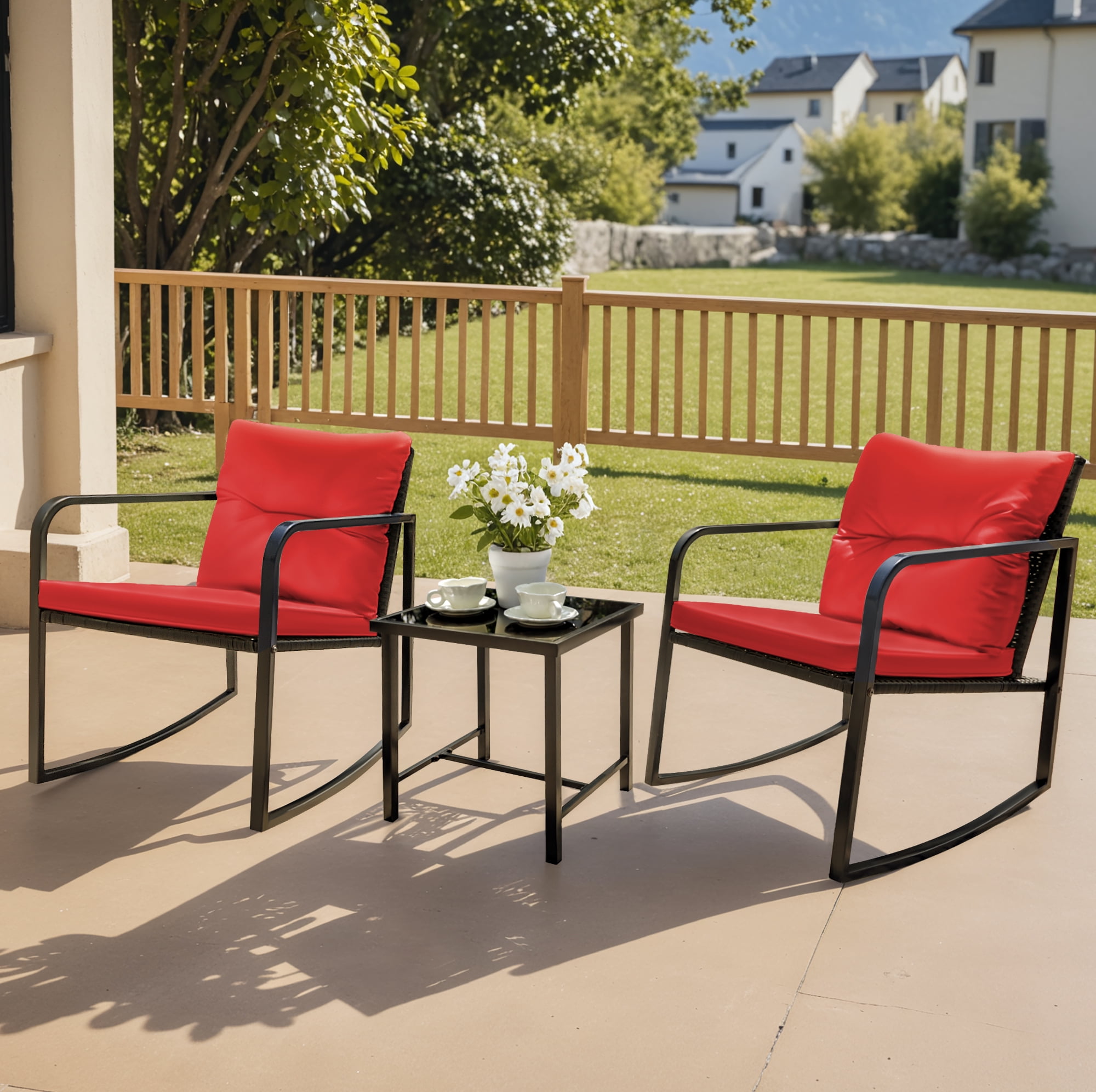 Devoko 3 Pieces Rocking Patio Furniture Sets Outdoor Rocking Chair PE Rattan Bistro Rocker Conversation Sets with Coffee Table for Garden, Red
