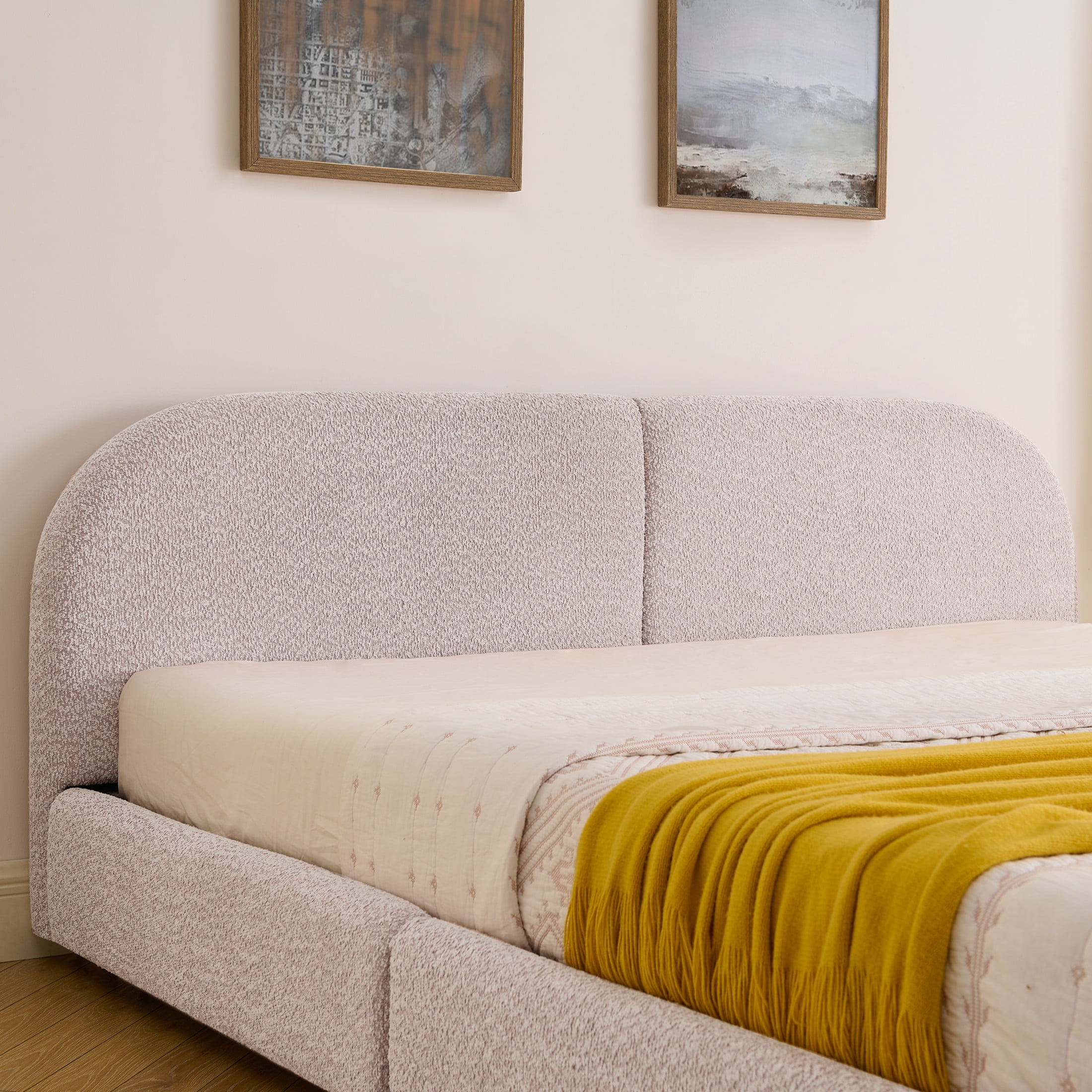 Noble House Elbert King Size Upholstered Bed Frame, Circle Yarn Tall Curved Headboard with Storage Drawers, Pink