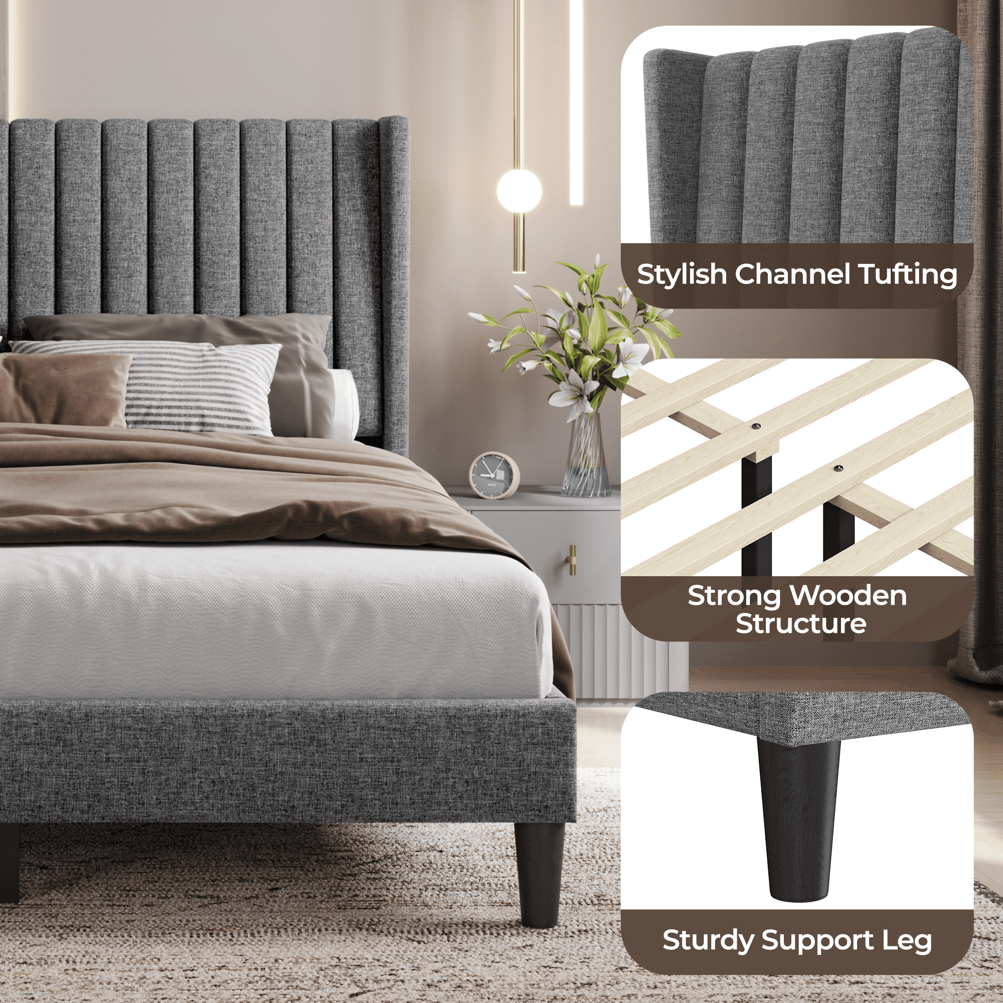 Renwick Fabric Upholstered Bed Frame with Channel Tufted Headboard, Light Gray