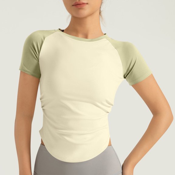 YHAJDS Short Sleeve Sport T-shirt for Women Workout Top Solid Color Round Neck Casual Sporty Shirt Spring Top