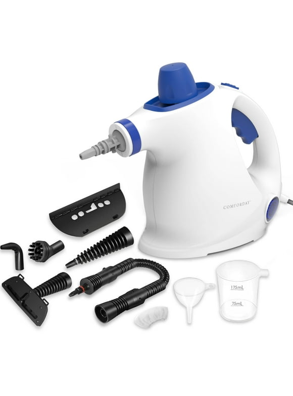 Comforday Handheld Pressurized Portable Compact Steam Cleaner, All in One Multipurpose Device with Child Lock Function and 9-piece Accessories (White with Blue Color)