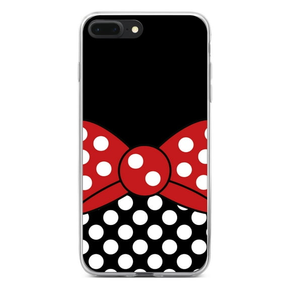 DistinctInk Clear Shockproof Hybrid Case for iPhone 7 PLUS / 8 PLUS (5.5" Screen) - TPU Bumper, Acrylic Back, Tempered Glass Screen Protector - Black White Polka Dot Red Bow Minnie