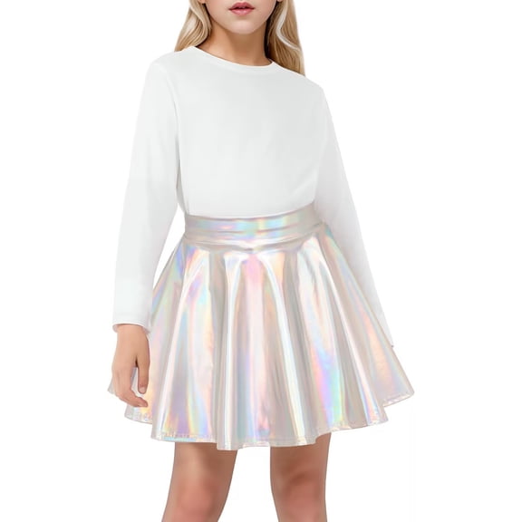 EnJoCho Girls Metallic Skater Skirt Sparkly Shiny Flared Elastic Waist A-Line Min𝗂 Skort for Girls Solid Trendy Casual Teenage Square Neck Flowy Sundress