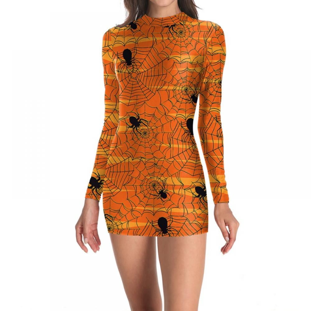 Poseca Women's Halloween Costume Skeleton Long Sleeve Midi Dresses
