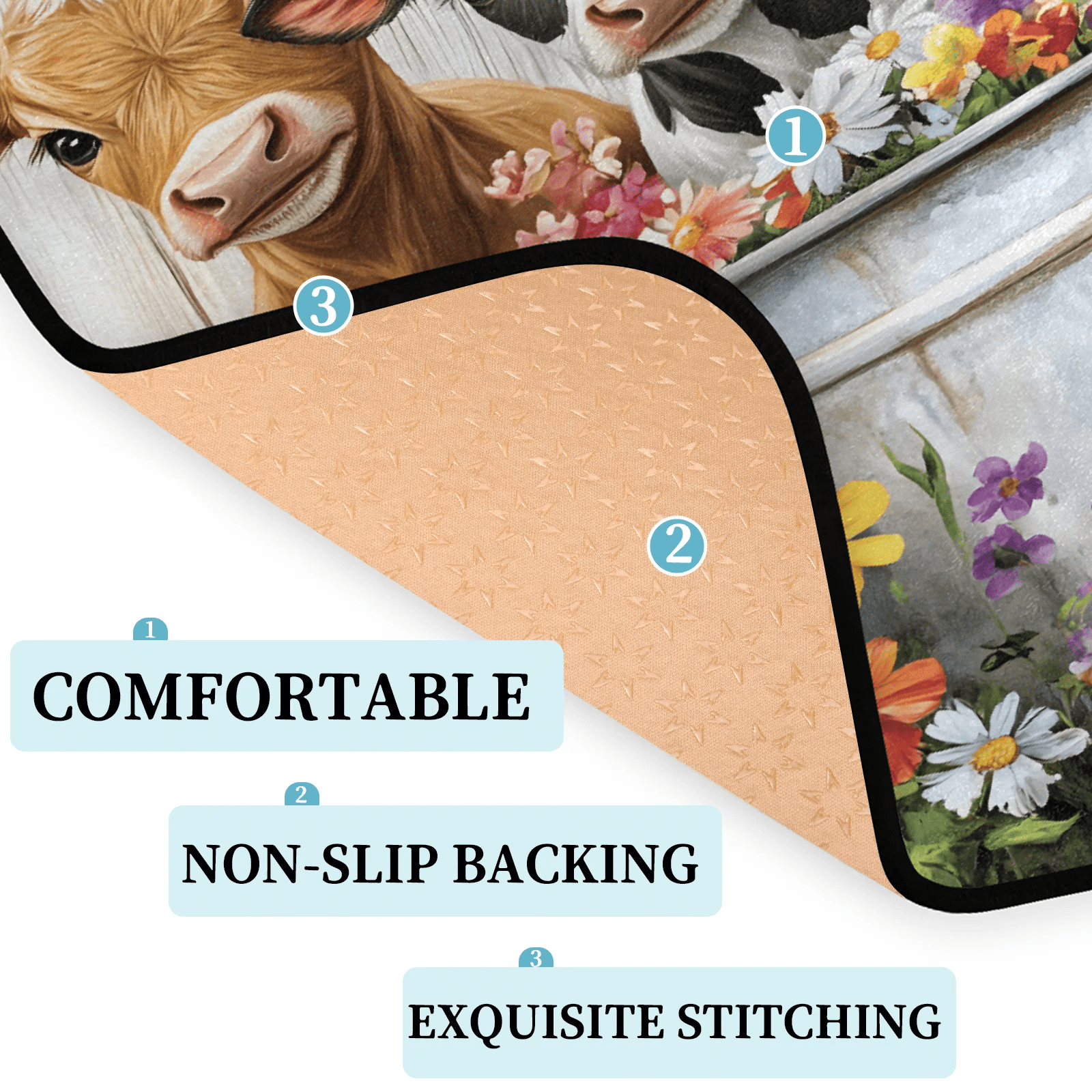 CURLYOOT Highland Cow Front Door Mat, Washable Non-Slip Farmhouse Floral Door Mat, Indoor Outdoor Floor Mats Absorbent Welcome Doormat for Entrance 20" x 30"