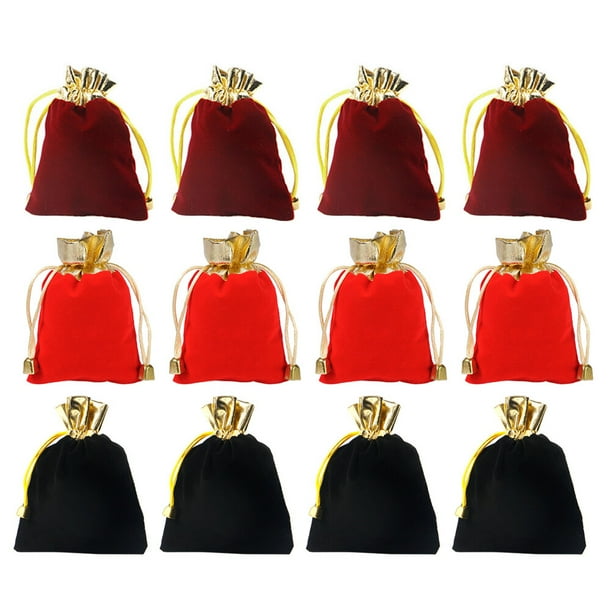EeaseMX 12 bolsas con cordón para guardar joyas, organizadoras de tela, pequeñas (negro, rojo oscuro y rojo)