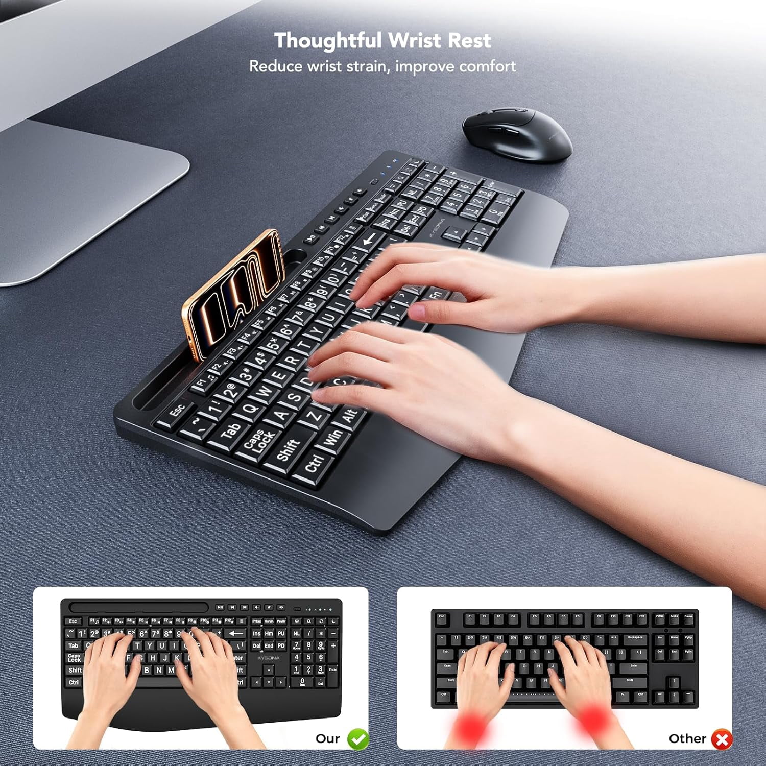 Large Print Wireless Keyboard, Full Size Cordless Computer Keyboard with Phone Holder, Palm Rest, Ergonomic Tilt Angle, 2.4G Plug-and-Play, Compatible Tablet/Windows/Laptop/PC, Black