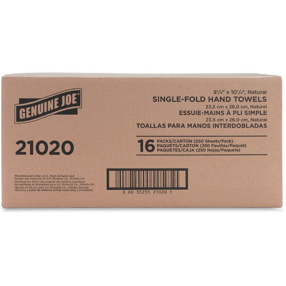Genuine Joe Single-Fold Value Paper Towels 1 Ply - 10.25" x 9.10" - Natural - Recyclable - for Washroom, Restroom, Public Facilities - 250 Quantity per Pack - 4000 / Carton
